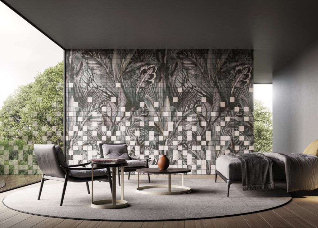 Ariel geometric nature-themed wallpaper with leaves from the Avenue Instabilelab catalog.