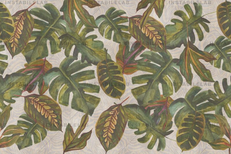 Papier peint artistique Flaviana avec des feuilles du catalogue Avenue Instabilelab. 