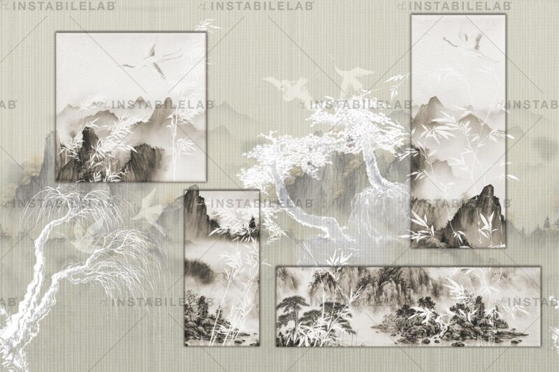 Papier peint floral japonais Gislena, sur le thème de la nature avec les animaux du catalogue Avenue Instabilelab.