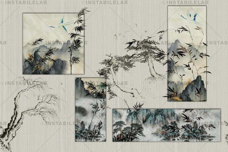 Papier peint floral japonais Gislena, sur le thème de la nature avec les animaux du catalogue Avenue Instabilelab.