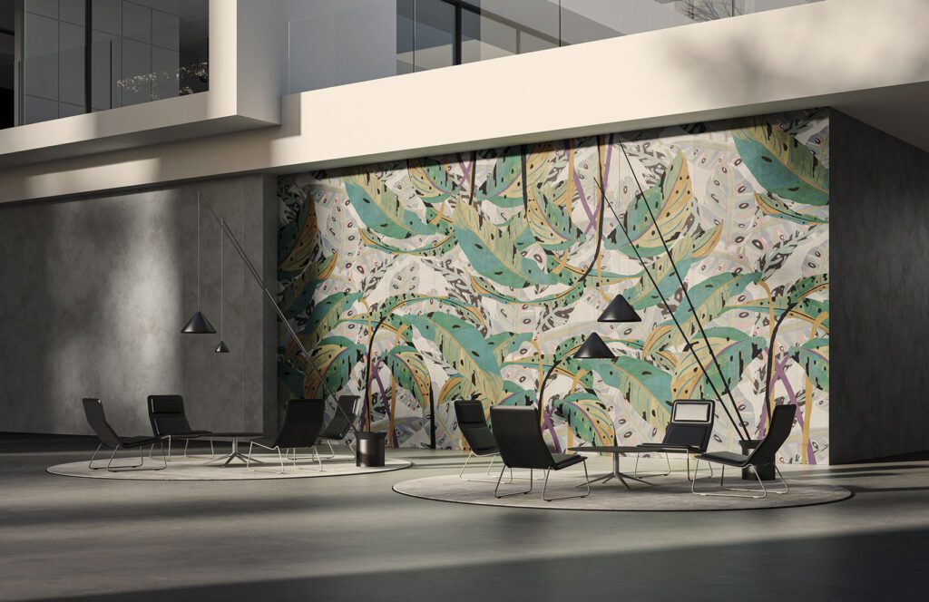 Künstlerische, originelle, farbige Tapete Iside mit Blättern aus dem Katalog Avenue Instabilelab.