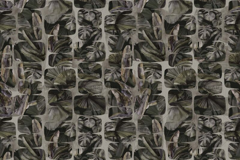 Papier peint géométrique Mei sur le thème de la nature avec des feuilles du catalogue Avenue Instabilelab.