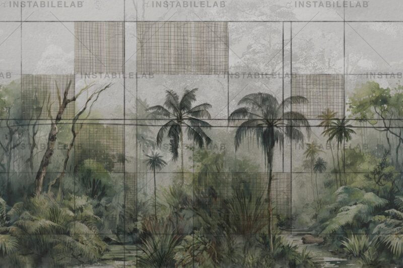 Papier peint géométrique Millar, détail avec paysage du catalogue Avenue Instabilelab.