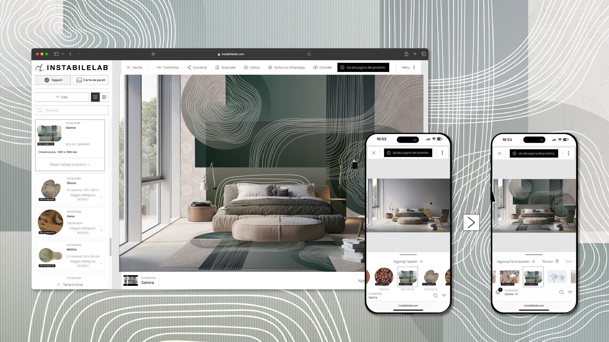 Configuratore in tempo reale esperienza visiva di interior design tappeti e carta da parati